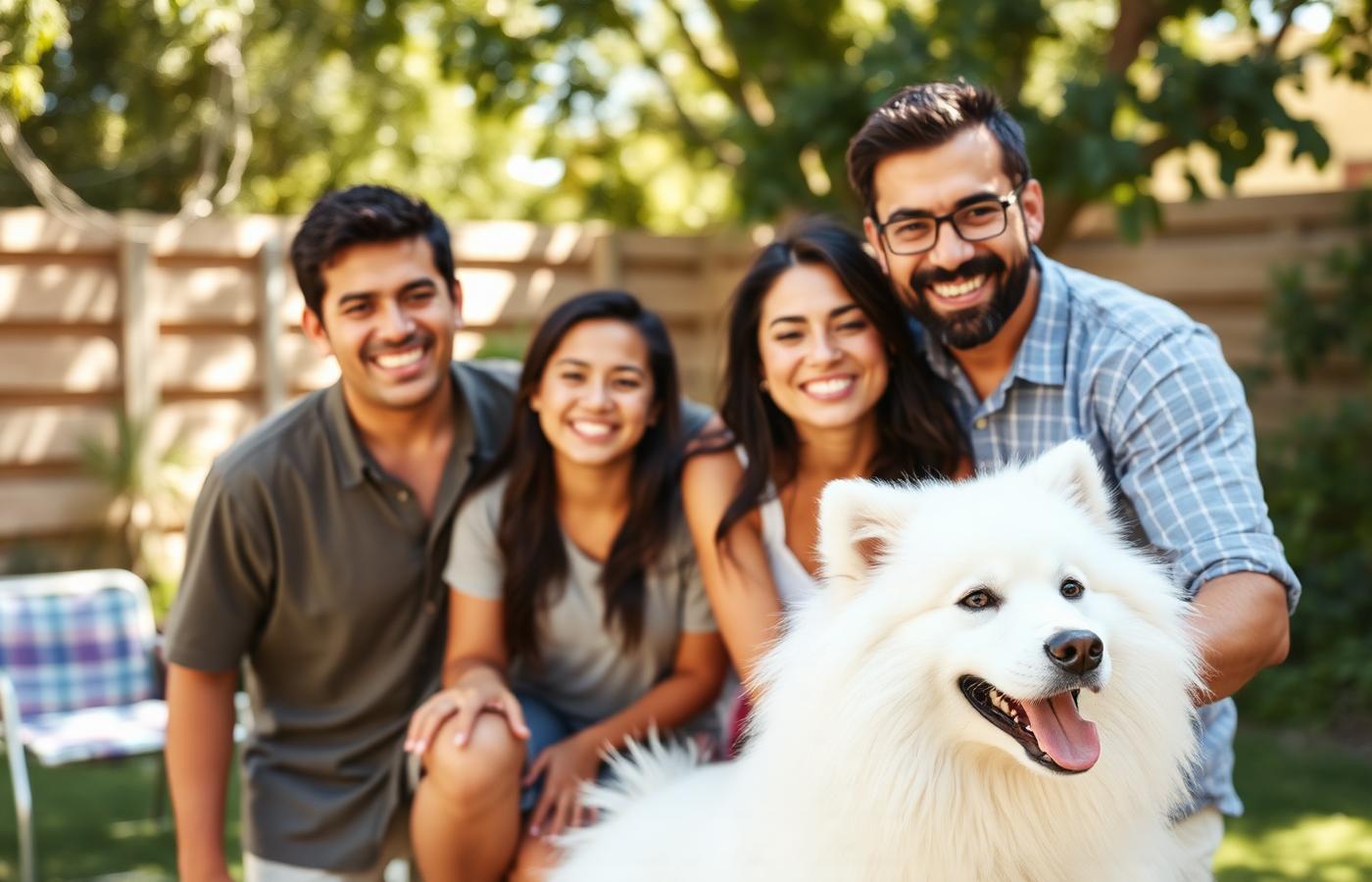 Samoyedo jugando con niños pequeños en el jardín